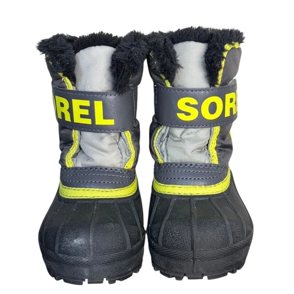Sorel Grey Neon Yellow Snow Commander Boots Waterproof Faux Fur‎ Kids Size 6